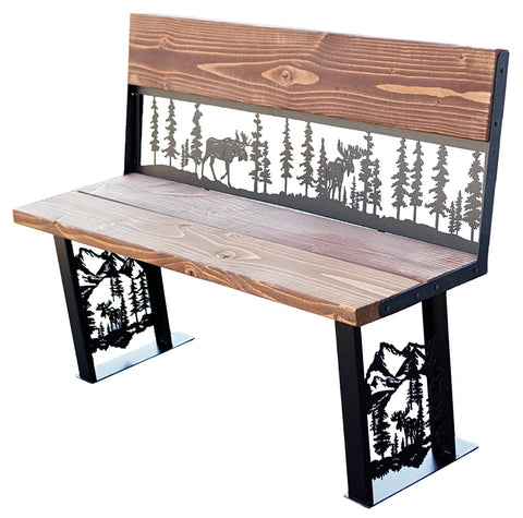 Rustic Moose and Pine Forest Outdoor Bench – Handcrafted Wood and Metal Seating | Made in USA Knights Home Decor  item