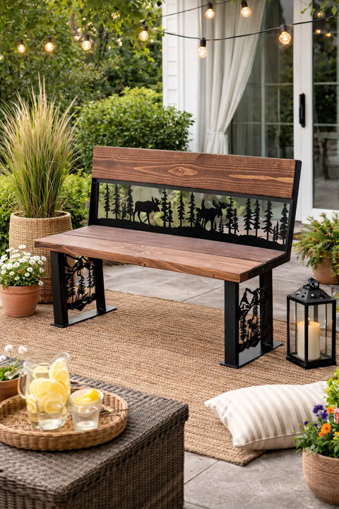 Rustic Moose and Pine Forest Outdoor Bench – Handcrafted Wood and Metal Seating | Made in USA Knights Home Decor  item