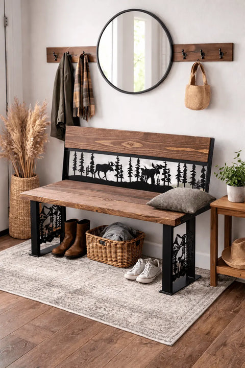 Rustic Moose and Pine Forest Outdoor Bench – Handcrafted Wood and Metal Seating | Made in USA Knights Home Decor  item