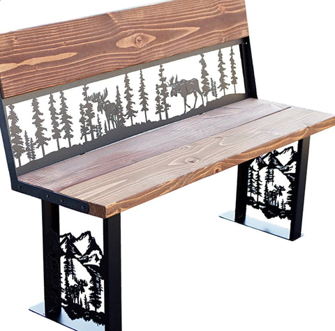 Rustic Moose and Pine Forest Outdoor Bench – Handcrafted Wood and Metal Seating | Made in USA Knights Home Decor  item