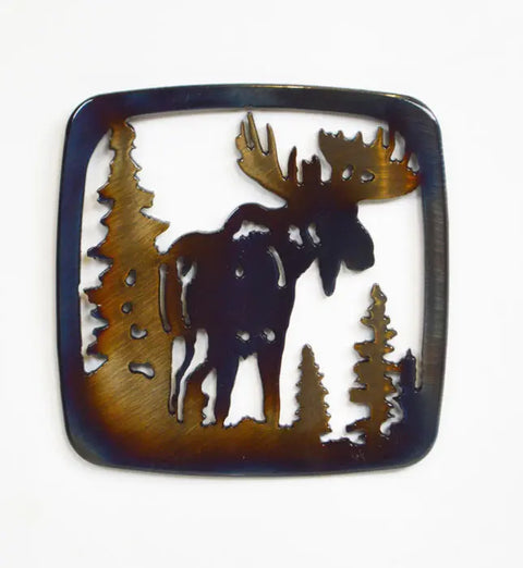 Rustic Moose and Trees Coaster – Handcrafted Wood Drink Protector | Made in USA Family Workshop Knights Home Decor  item