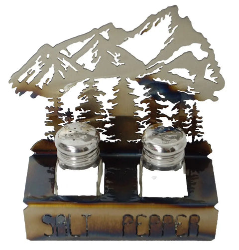 Rustic Mountain Scene Salt and Pepper Holder – Handcrafted Metal Kitchen Decor | Made in USA Knights Home Decor  item