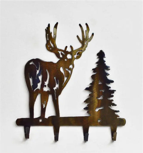 Rustic Mule Deer Wall Hook – Handmade Key Rack with Pine Tree Silhouette | Made in USA Knights Home Decor  item