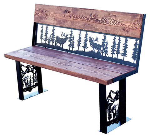 Rustic Outdoor Metal Art Bench With Elk and Pine Forest Design – Handcrafted Wood Seating | Made in USA Knights Home Decor  item