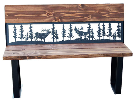 Rustic Outdoor Metal Art Bench With Elk and Pine Forest Design – Handcrafted Wood Seating | Made in USA Knights Home Decor  item