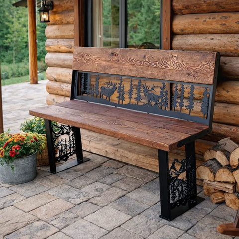 Rustic Outdoor Metal Art Bench With Elk and Pine Forest Design – Handcrafted Wood Seating | Made in USA Knights Home Decor  item