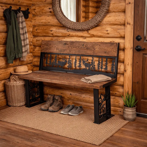 Rustic Outdoor Metal Art Bench With Elk and Pine Forest Design – Handcrafted Wood Seating | Made in USA Knights Home Decor  item