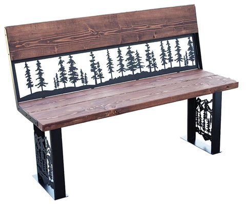 Rustic Pine Forest Laser-Cut Metal Art Bench – Outdoor Wood and Steel Seating | Made in USA Knights Home Decor  item