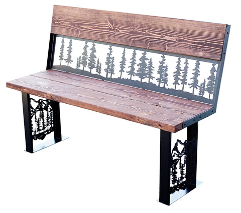 Rustic Pine Forest Laser-Cut Metal Art Bench – Outdoor Wood and Steel Seating | Made in USA Knights Home Decor  item