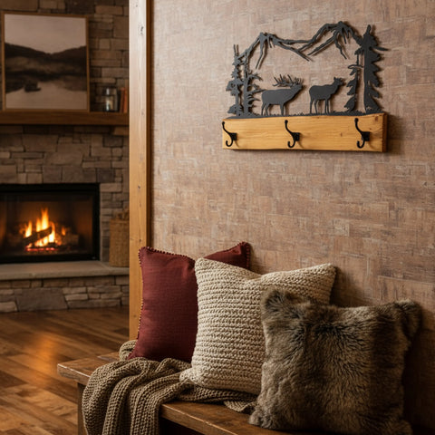 Rustic Pine Wood Coat Rack With 3 Metal Hooks – Wilderness Silhouette Design | Made in USA Amish Toy Box  Home Improvement