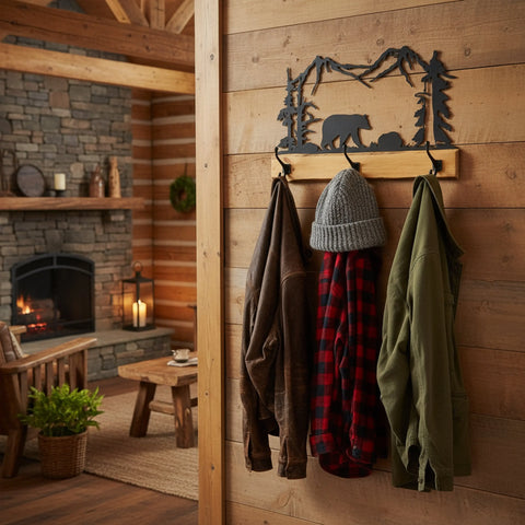 Rustic Pine Wood Coat Rack With 3 Metal Hooks – Wilderness Silhouette Design | Made in USA Amish Toy Box  Home Improvement