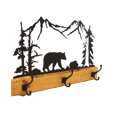 Rustic Pine Wood Coat Rack With 3 Metal Hooks – Wilderness Silhouette Design | Made in USA Amish Toy Box  Home Improvement