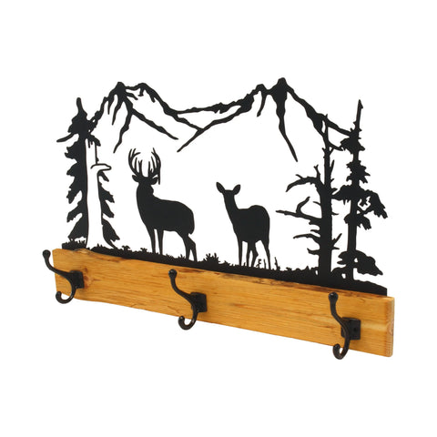 Rustic Pine Wood Coat Rack With 3 Metal Hooks – Wilderness Silhouette Design | Made in USA Amish Toy Box  Home Improvement