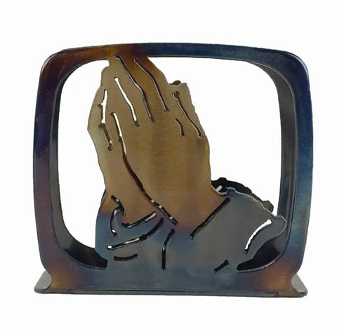 Rustic Praying Hands Napkin Holder – Handcrafted Metal Table Decor | Made in USA Veteran-Owned Knights Home Decor  item