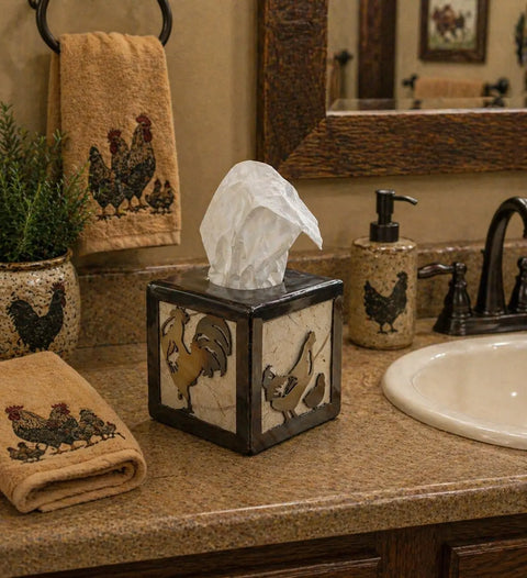 Rustic Rooster & Hen Farmhouse Tissue Box Cover – Standard Size Square – Made in USA Knights Home Decor  item