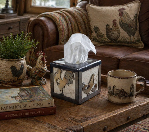 Rustic Rooster & Hen Farmhouse Tissue Box Cover – Standard Size Square – Made in USA Knights Home Decor  item