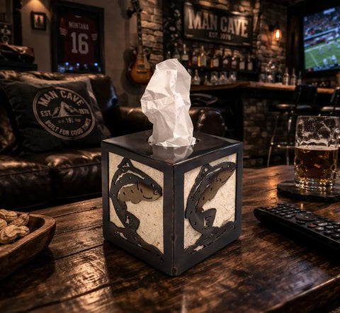 Rustic Steel Head Trout Tissue Box Cover – Handcrafted Metal Home Decor | Made in USA Knights Home Decor  item