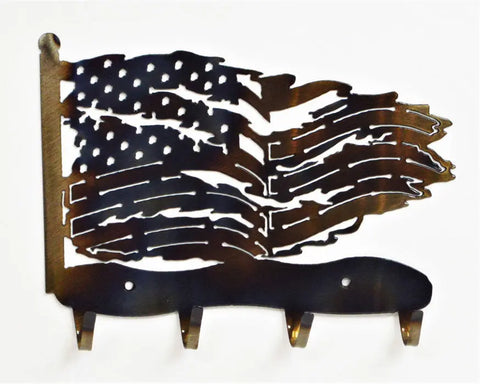 Rustic Tattered American Flag Metal Key Rack – Patriotic Wall Organizer | Made in USA Knights Home Decor  item