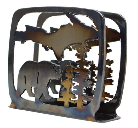 Rustic Upper Peninsula Michigan Metal Napkin Holder – Handcrafted Decor with Bear and Tree Design | Made in USA Knights Home Decor  item