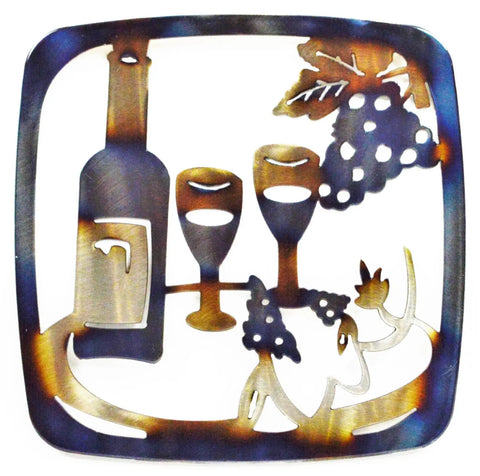 Rustic Wine Bottle And Glasses Metal Trivet – Handcrafted Heat-Treated Kitchen Decor | Made In USA Knights Home Decor  item
