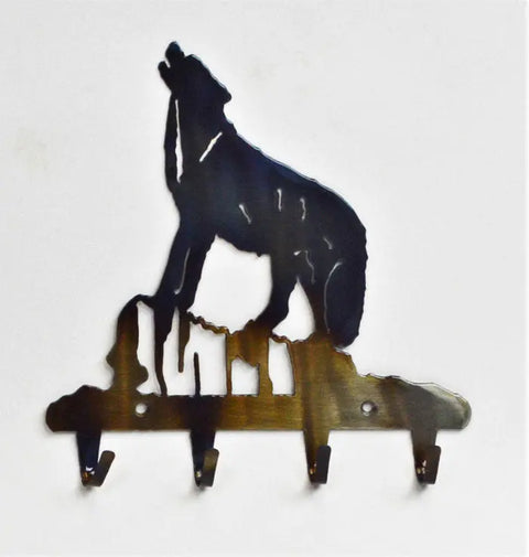 Rustic Wolf Howling Metal Key Rack – Handcrafted Wall Hook Organizer | Made in USA Knights Home Decor  item
