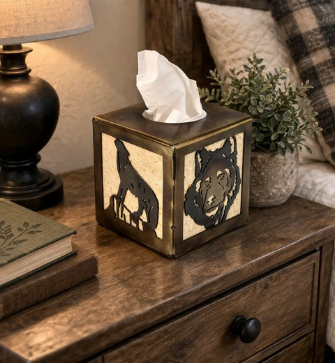 Rustic Wolf Howling Tissue Box Cover – Square Decorative Holder for Cabin Decor | Made in USA Knights Home Decor  item