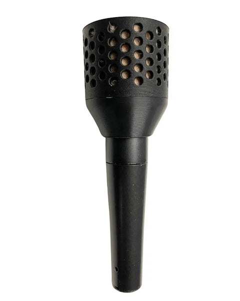 A black metal object with a cylindrical handle and a wider perforated top featuring multiple circular holes; it appears to be an Alpaca 57 windscreen or cover by Alpaca Mic, designed for microphone isolation.
