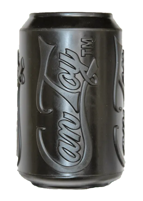 The SodaPup SP Magnum Can Toy EDispenser is an ultra-durable black rubber chew toy and treat dispenser for dogs, featuring matte black finish and raised script “Can Toy™” lettering vertically along the side with no other decor.