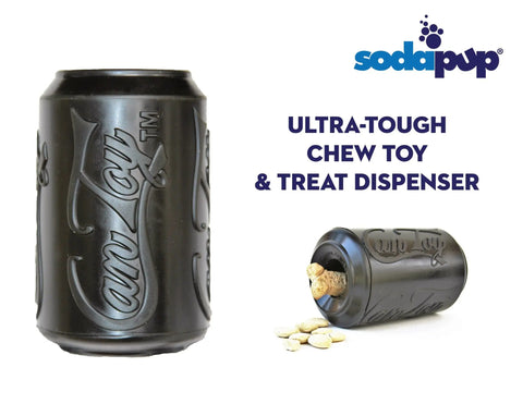 The SodaPup SP Magnum Can Toy EDispenser is an ultra-durable black rubber chew toy shaped like a soda can that dispenses treats. Shown upright and on its side with treats spilling out, it features the text sodapup and ULTRA-TOUGH CHEW TOY & TREAT DISPENSER.