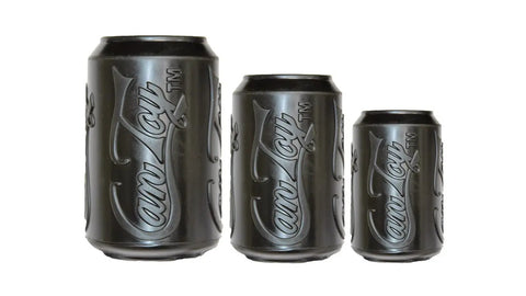 Three black SodaPup SP Magnum Can Toy EDispenser dog toys of different sizes stand side by side, each made from ultra durable rubber and serving as both a chew toy and treat dispenser, set against a clean white background.