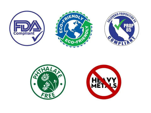 Five certification logos—FDA Compliant, Eco-Friendly, California Proposition 65 Compliant, Phthalate Free, and Heavy Metal Free—show that the SodaPup SP Magnum Can Toy Dispenser is a safe and certified ultra-durable chew toy for your pet.