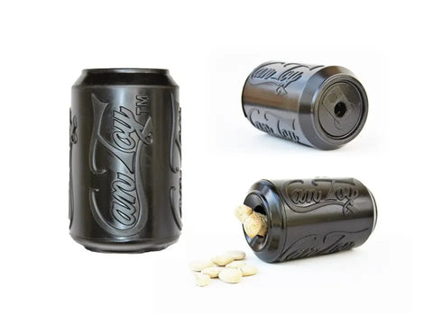 The SodaPup SP Magnum Can Toy EDispenser Ultra Durable Rubber Chew Toy & Treat Dispenser in black, shaped like a soda can, is shown from three angles with treats spilling out and placed beside it on a white background.
