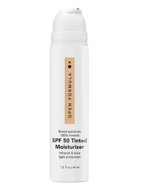 Open Formula SPF 50 Tinted Moisturizer comes in a white pump bottle, offering broad spectrum SPF 50, a bronze tint, and 100% mineral protection from infrared and blue light in a 1.5 fl oz (45 ml) size.