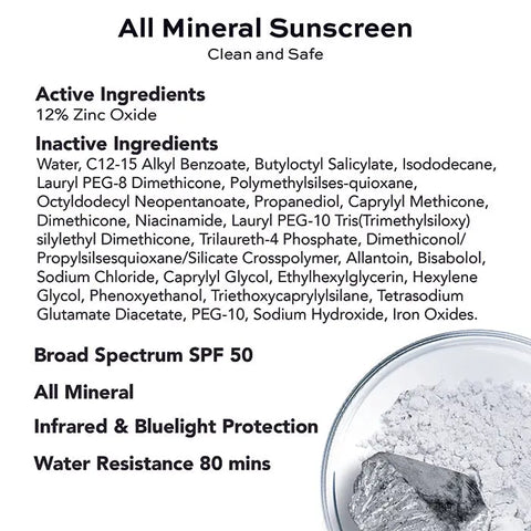 Image of Open Formula SPF 50 Tinted Moisturizer label listing active/inactive ingredients, all-mineral broad-spectrum formula for premature aging prevention, infrared/blue light protection, 80 minutes water resistance. Powder swirl at lower right.