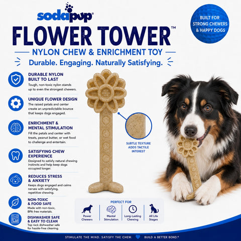 Flower Tower Durable Nylon Dog Chew Toy – Enrichment Treat Dispenser | Made in USA SodaPup  Nylon Dog Toys