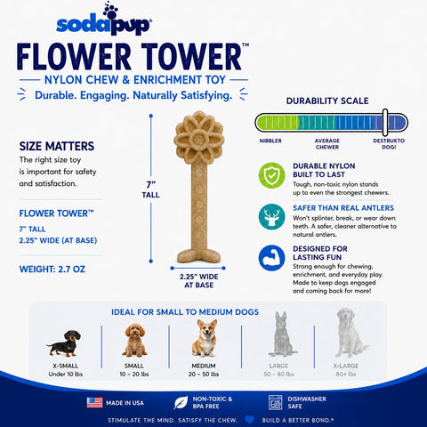 Flower Tower Durable Nylon Dog Chew Toy – Enrichment Treat Dispenser | Made in USA SodaPup  Nylon Dog Toys