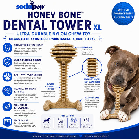 Honey Bone XL Durable Nylon Dog Chew Toy – Dental Tower Made In USA SodaPup  Nylon Dog Toys