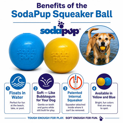 Chew Proof Floating Dog Fetch Ball – Durable Squeaker Toy 3 Inch | Made in USA SodaPup  Rubber Dog Toys
