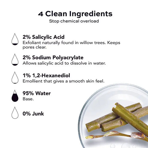 A graphic for Open Formula Salicylic Acid Exfoliant lists four clean ingredients—2% Salicylic Acid, 2% Sodium Polyacrylate, 1% 1,2-Hexanediol, and 95% water with 0% Junk. Green plant stems accent a dish in the corner.