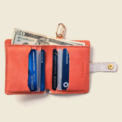 Salmon Pink Leather Wallet With Snap Closure and Detachable Key Ring – 4.25 Inch Compact Size | Made in USA CASUPO  Small Bifold