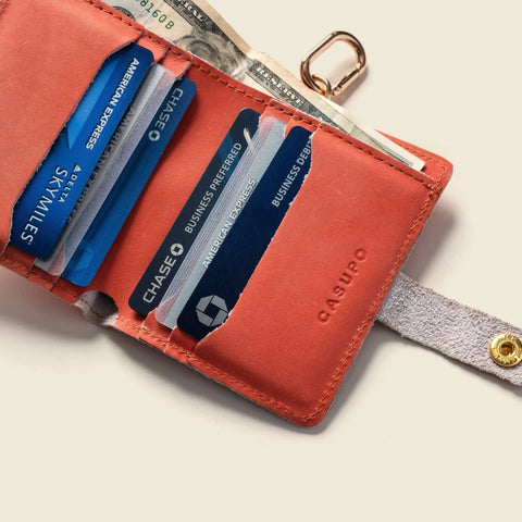 Salmon Pink Leather Wallet With Snap Closure and Detachable Key Ring – 4.25 Inch Compact Size | Made in USA CASUPO  Small Bifold
