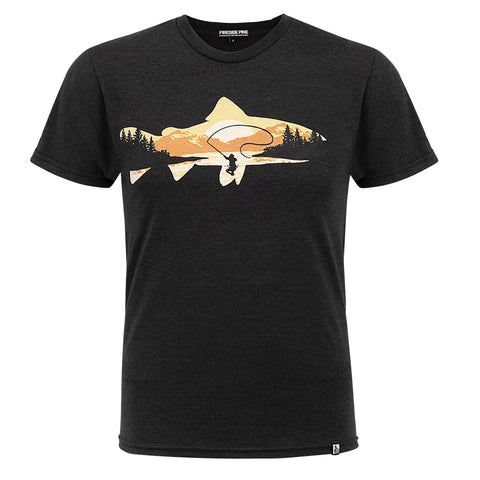 The Fireside Pine Salmon River - Heathered Black Relaxed Fit T-Shirt features a shark silhouette graphic filled with a sunset, trees, and a person fishing in a canoe—perfect for everyday wear.