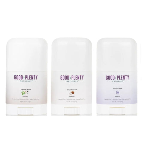 Three Good + Plenty Naturals™ Sample Set - Sensitive aluminum-free natural deodorant sticks, in white containers labeled Smooth Wood, Clean Coconut, and Shower Fresh, are arranged side by side against a white background.