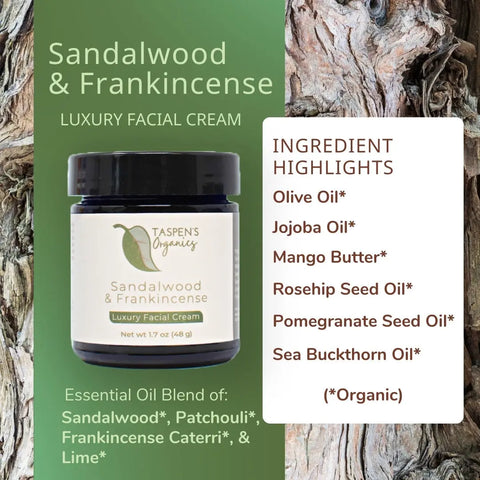 Taspens Organics Sandalwood & Frankincense Luxury Facial Cream, a USDA certified organic moisturizer, sits alongside pure ingredients and essential oils on textured wood—showcasing premium American-made skincare.