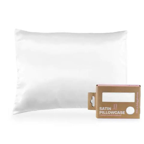 A Morning Glamour Satin Pillowcase (Standard/Queen Single) is shown beside its eco-friendly brown packaging with a clear window—ideal for smoother skin and healthier hair. Multiple color options available.
