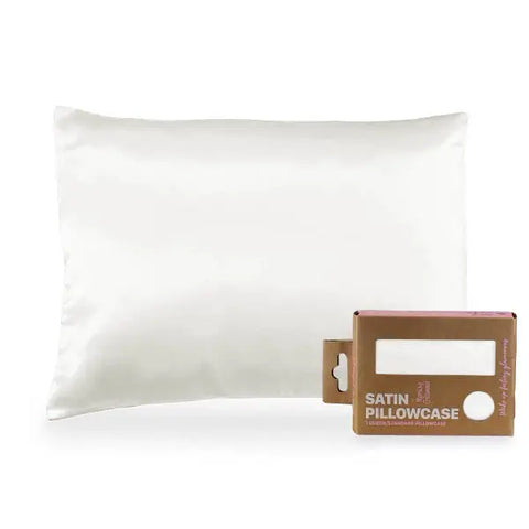 A white Morning Glamour Satin Pillowcase Standard/Queen Single is shown next to its eco-friendly brown packaging with a clear window, labeled for healthier hair and smoother skin; multiple color options available.