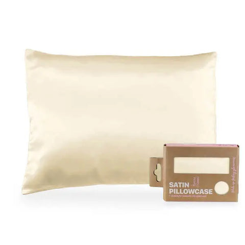 A cream-colored Morning Glamour Satin Pillowcase (Standard/Queen Single) is shown beside its eco-friendly brown box with a cut-out window displaying the fabric and text: Satin Pillowcase—perfect for smoother skin and healthier hair. Multiple colors available.
