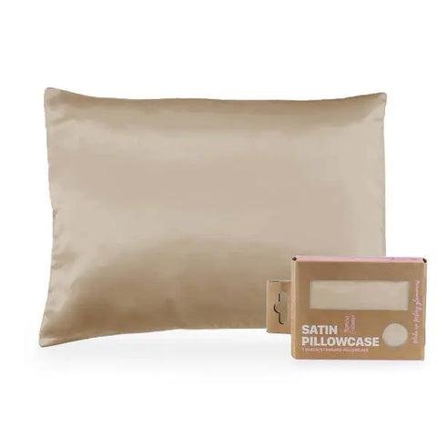 The Morning Glamour Satin Pillowcase Standard/Queen Single is shown beside its eco-friendly packaging—a brown box with a clear window—offering multiple color options for smoother skin and healthier hair.