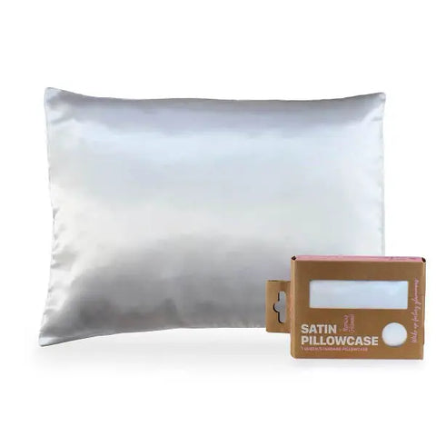 A Morning Glamour Satin Pillowcase Standard/Queen Single, shown in shiny white with its eco-friendly box, promises smoother skin and healthier hair; multiple color options are available.