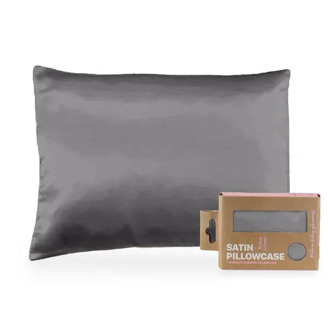 The Morning Glamour Satin Pillowcase Standard/Queen Single, shown in gray with eco-friendly brown packaging labeled Satin Pillowcase, promotes healthier hair and smoother skin. Multiple color options are available.